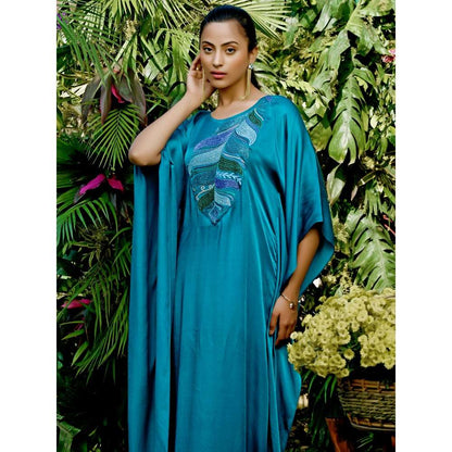 First Resort by Ramola Bachchan Teal Embroidered Flared Sleeves Kaftan Dress