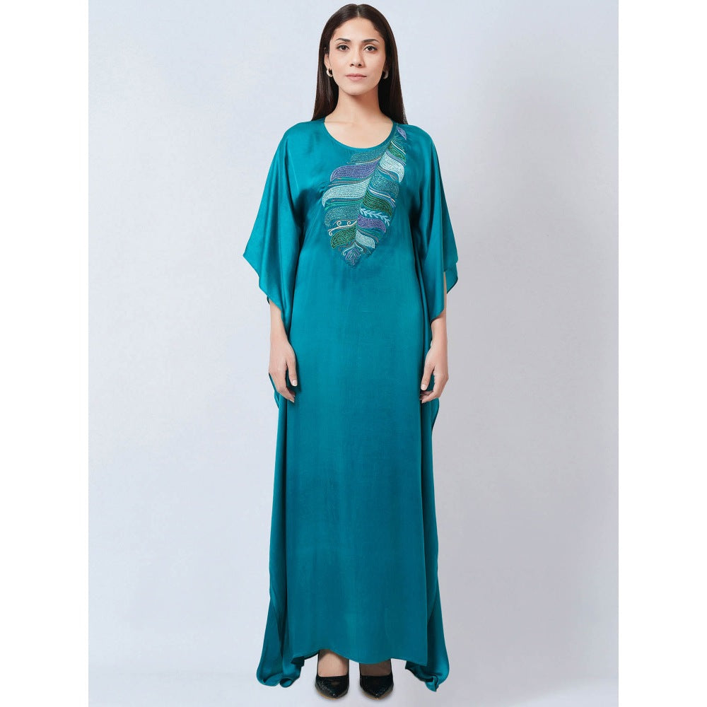 First Resort by Ramola Bachchan Teal Embroidered Flared Sleeves Kaftan Dress
