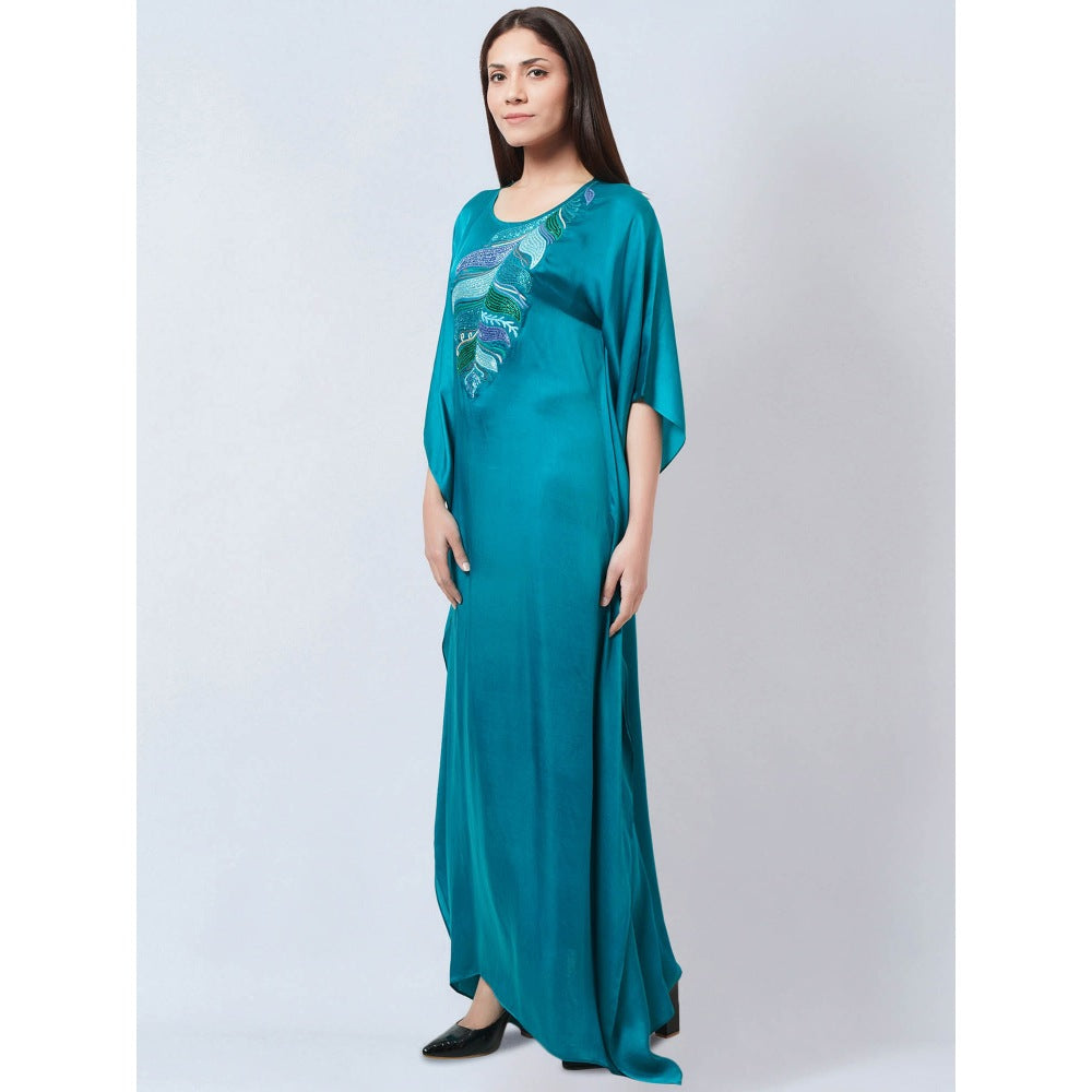 First Resort by Ramola Bachchan Teal Embroidered Flared Sleeves Kaftan Dress