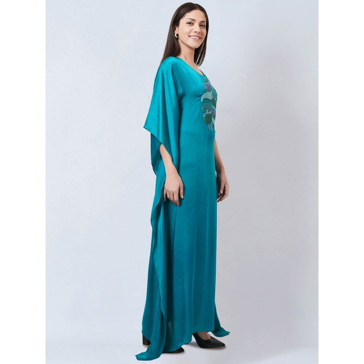 First Resort by Ramola Bachchan Teal Embroidered Flared Sleeves Kaftan Dress