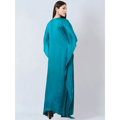First Resort by Ramola Bachchan Teal Embroidered Flared Sleeves Kaftan Dress