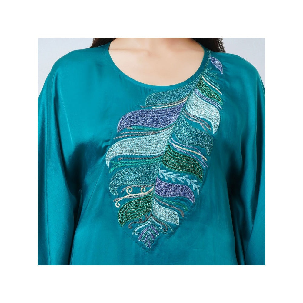 First Resort by Ramola Bachchan Teal Embroidered Flared Sleeves Kaftan Dress