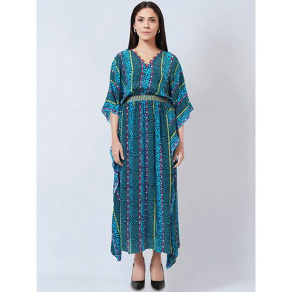 First Resort by Ramola Bachchan Blue Animal Print Silk Flared Sleeves Kaftan Dress