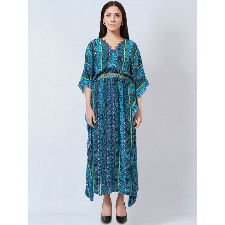 First Resort by Ramola Bachchan Blue Animal Print Silk Flared Sleeves Kaftan Dress