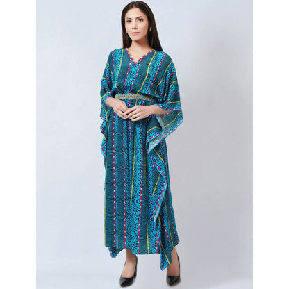 First Resort by Ramola Bachchan Blue Animal Print Silk Flared Sleeves Kaftan Dress