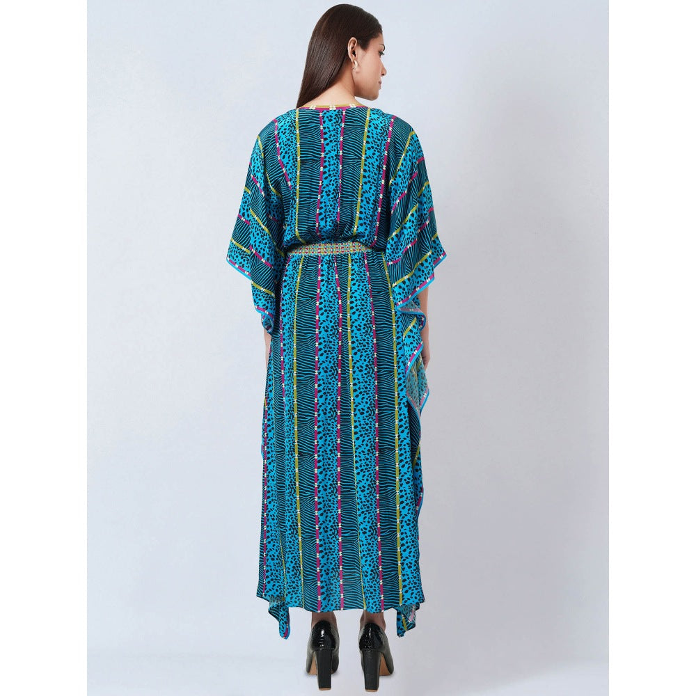 First Resort by Ramola Bachchan Blue Animal Print Silk Flared Sleeves Kaftan Dress