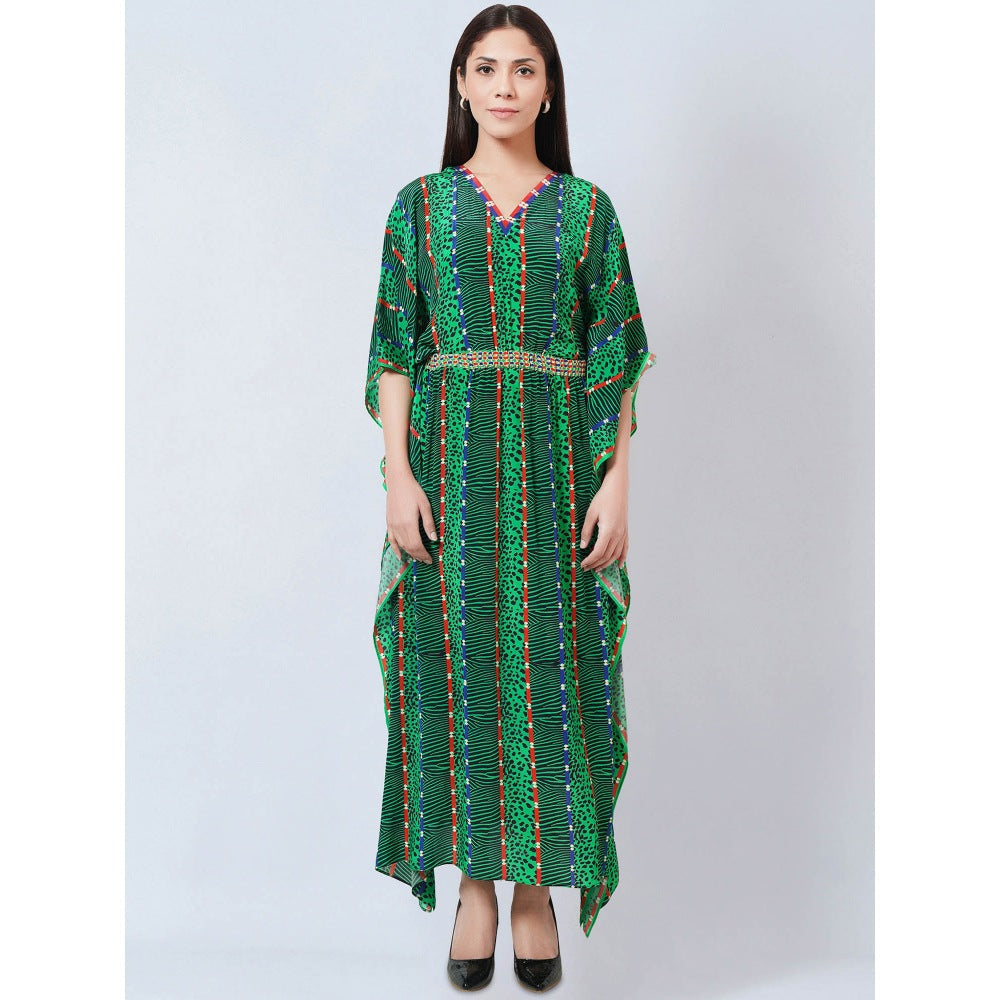 First Resort by Ramola Bachchan Green Animal Print Silk Flared Sleeves Kaftan Dress