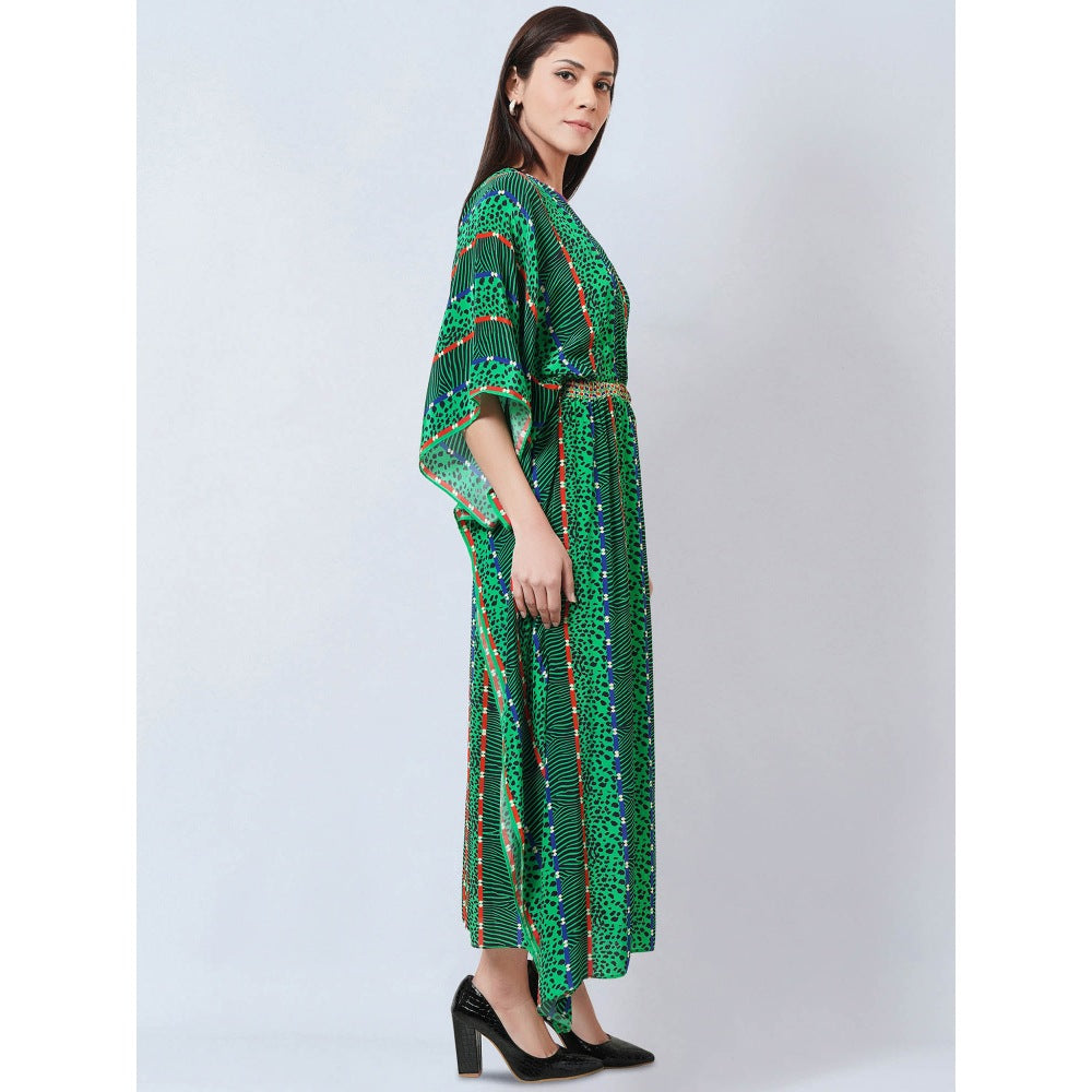 First Resort by Ramola Bachchan Green Animal Print Silk Flared Sleeves Kaftan Dress