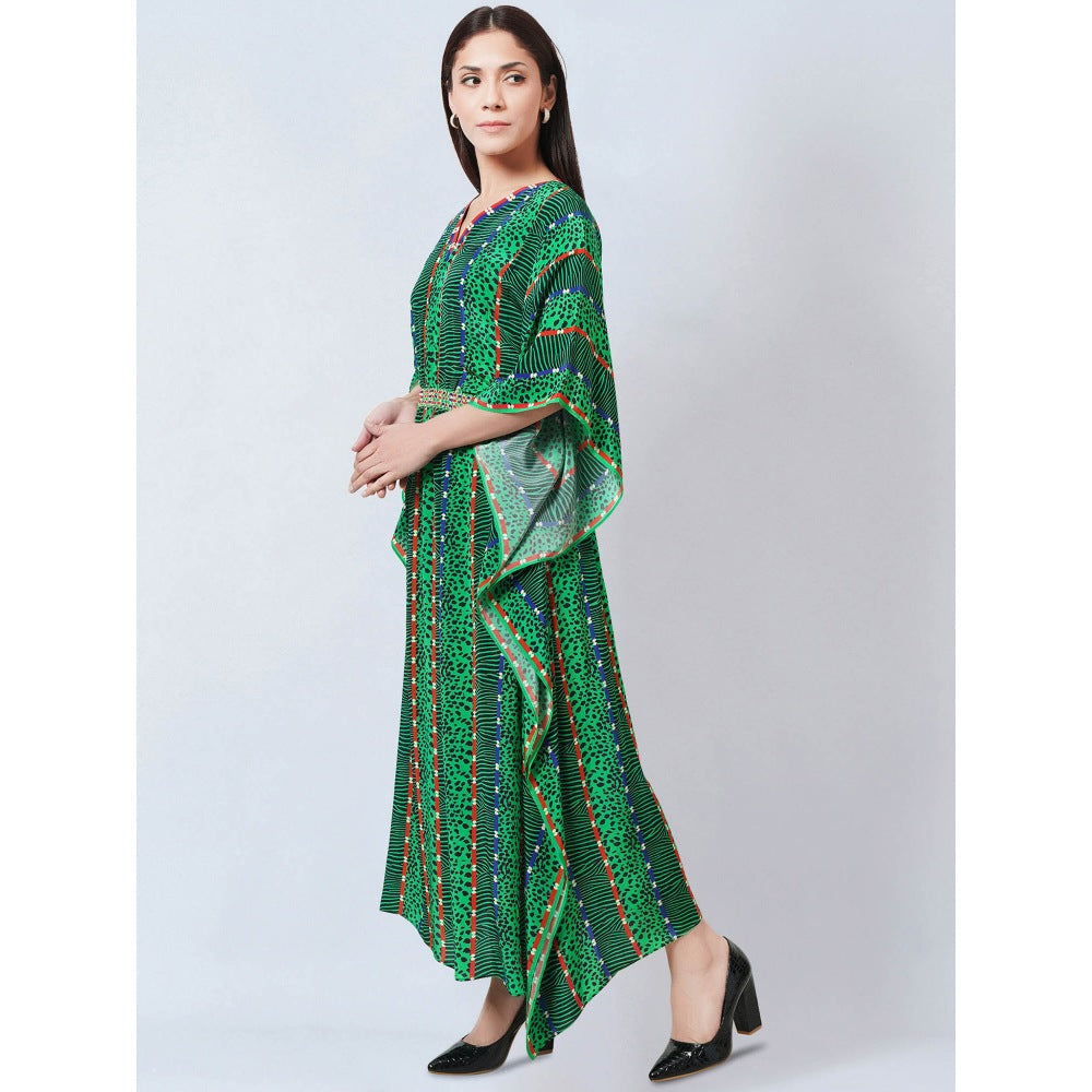 First Resort by Ramola Bachchan Green Animal Print Silk Flared Sleeves Kaftan Dress