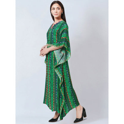 First Resort by Ramola Bachchan Green Animal Print Silk Flared Sleeves Kaftan Dress