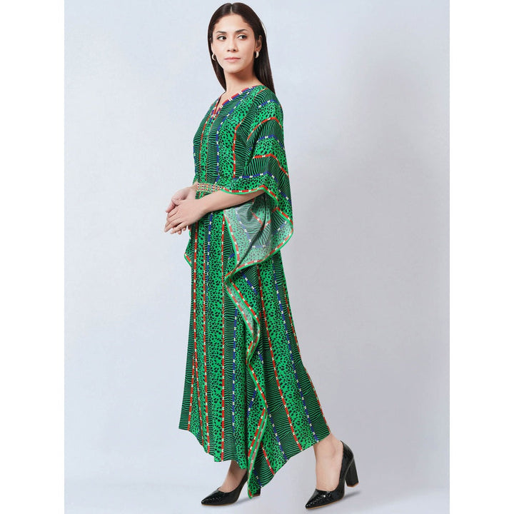 First Resort by Ramola Bachchan Green Animal Print Silk Flared Sleeves Kaftan Dress