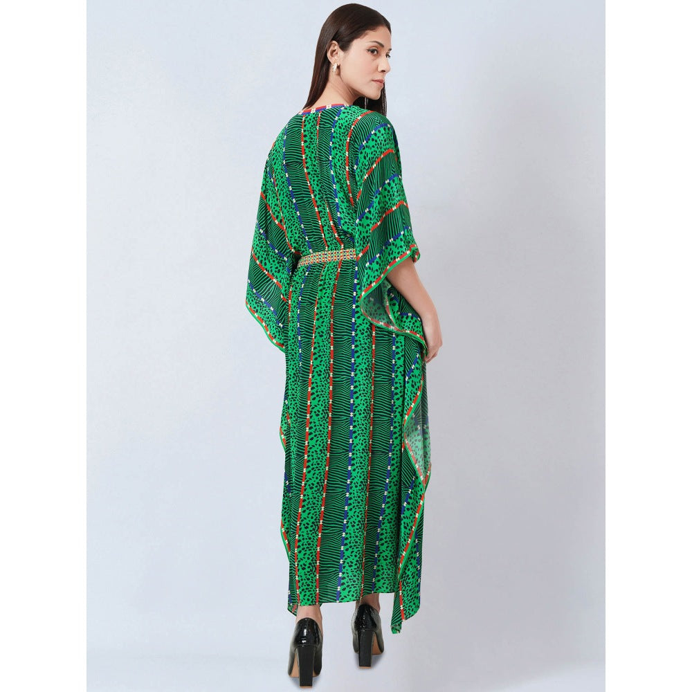 First Resort by Ramola Bachchan Green Animal Print Silk Flared Sleeves Kaftan Dress