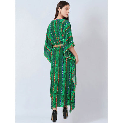 First Resort by Ramola Bachchan Green Animal Print Silk Flared Sleeves Kaftan Dress