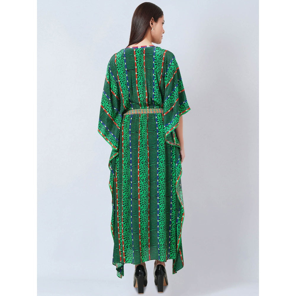First Resort by Ramola Bachchan Green Animal Print Silk Flared Sleeves Kaftan Dress