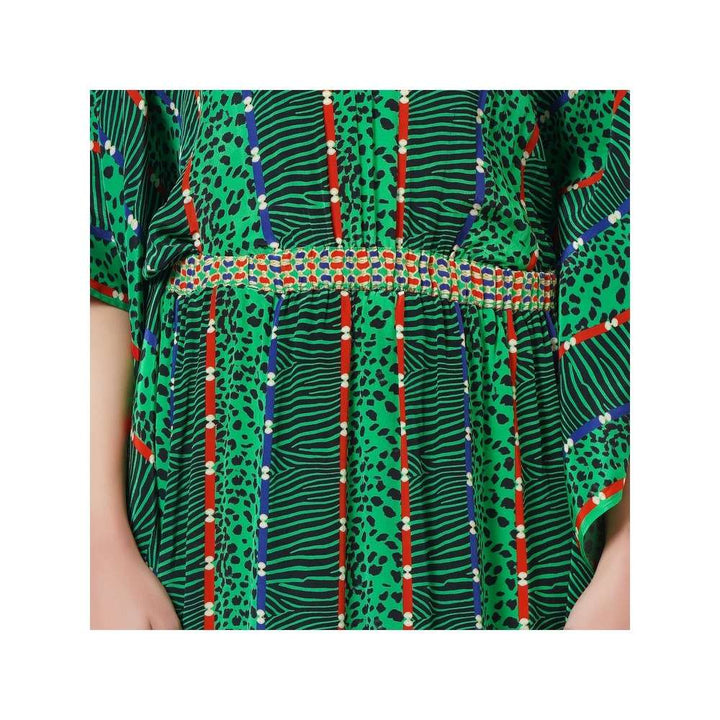 First Resort by Ramola Bachchan Green Animal Print Silk Flared Sleeves Kaftan Dress