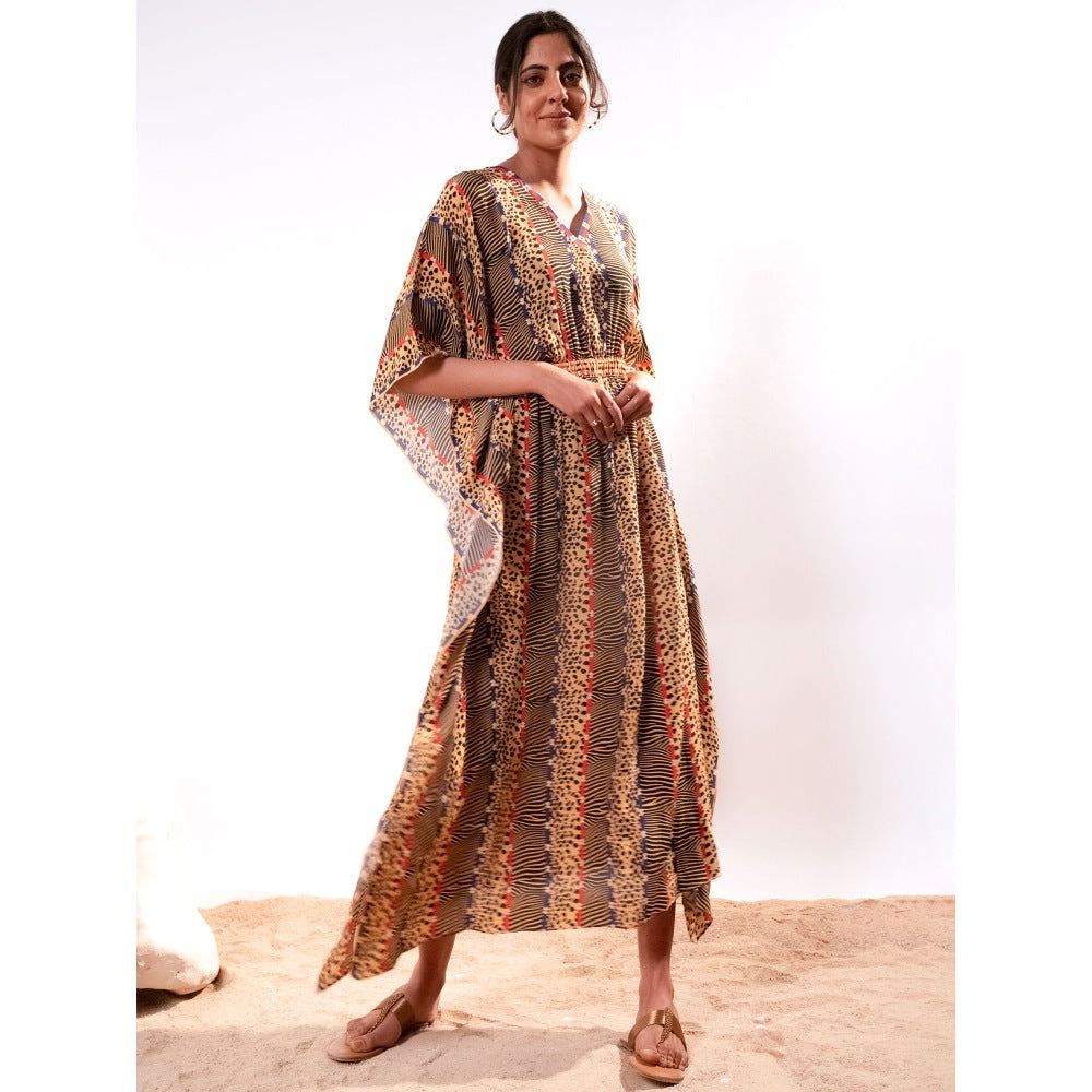 First Resort by Ramola Bachchan Marigold Animal Print Silk Flared Sleeves Kaftan Dress