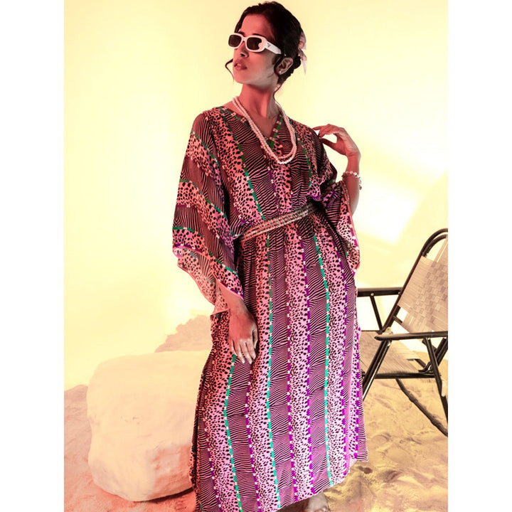 First Resort by Ramola Bachchan Mauve Animal Print Silk Flared Sleeves Kaftan Dress