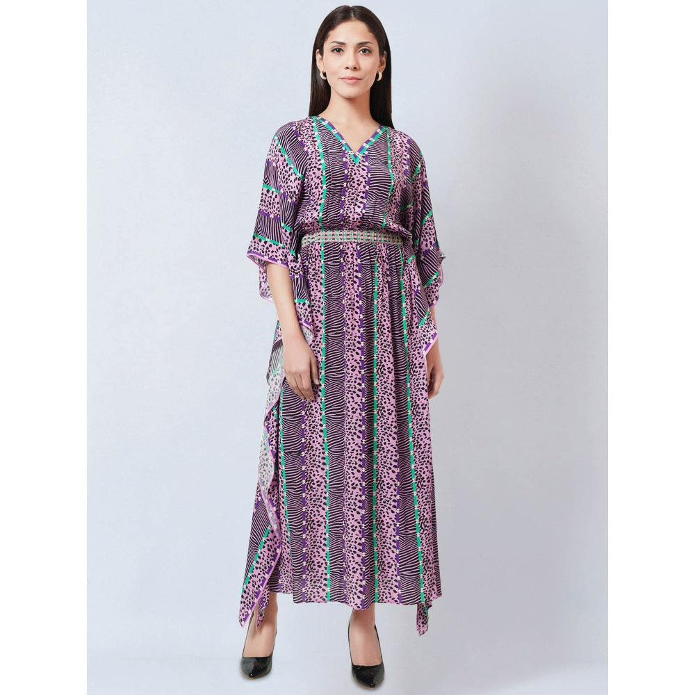 First Resort by Ramola Bachchan Mauve Animal Print Silk Flared Sleeves Kaftan Dress