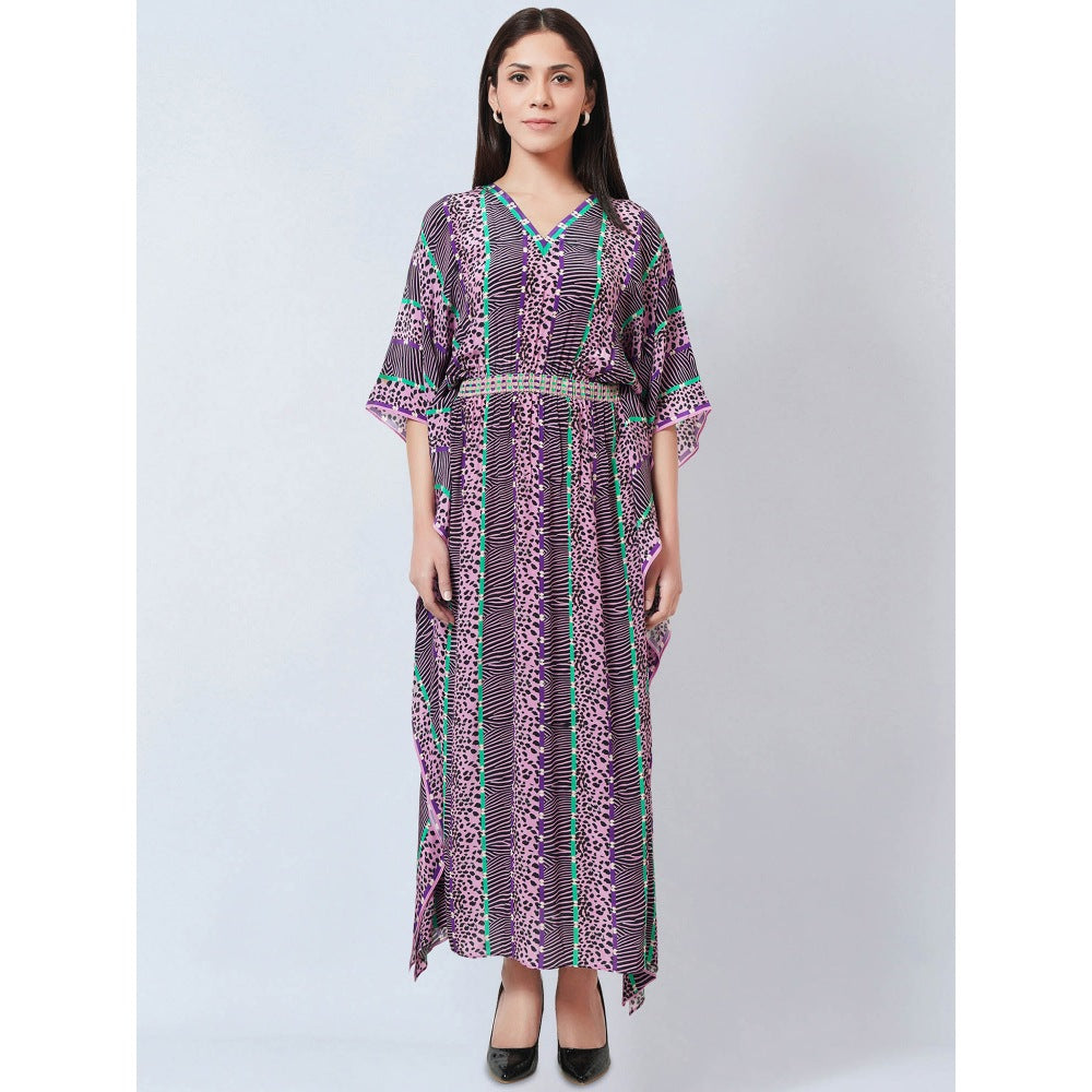 First Resort by Ramola Bachchan Mauve Animal Print Silk Flared Sleeves Kaftan Dress
