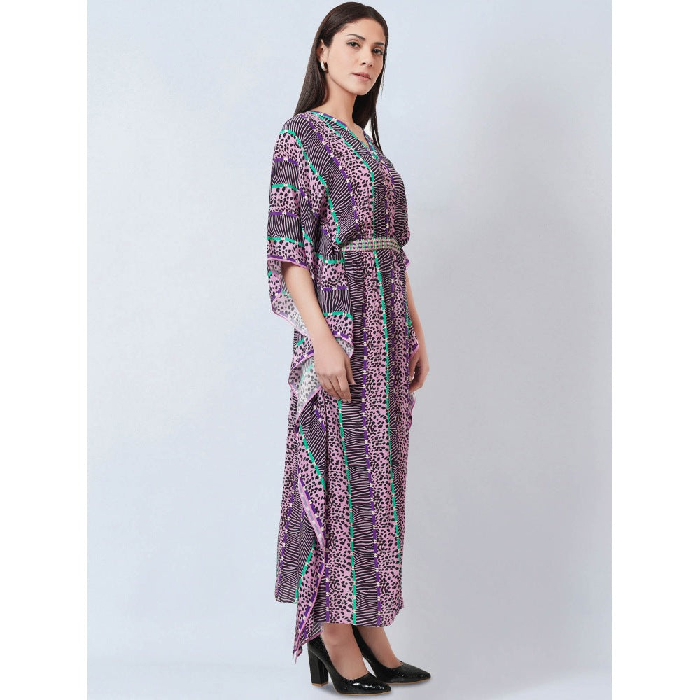 First Resort by Ramola Bachchan Mauve Animal Print Silk Flared Sleeves Kaftan Dress