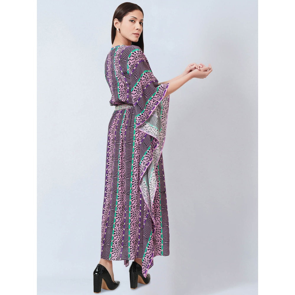 First Resort by Ramola Bachchan Mauve Animal Print Silk Flared Sleeves Kaftan Dress