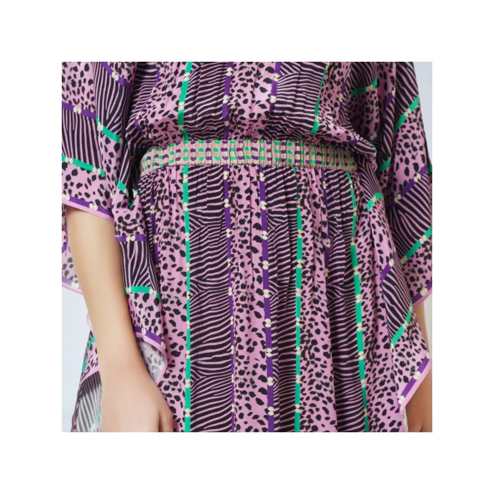 First Resort by Ramola Bachchan Mauve Animal Print Silk Flared Sleeves Kaftan Dress