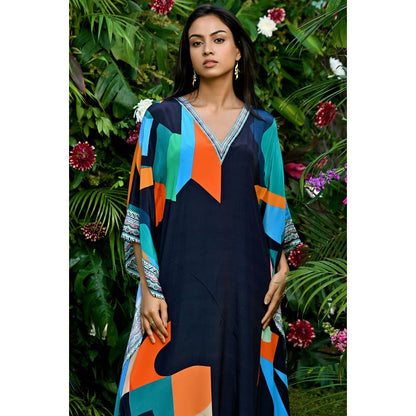 First Resort by Ramola Bachchan Black Graphic Art Print Flared Sleeves Kaftan Dress