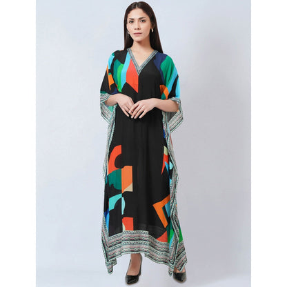 First Resort by Ramola Bachchan Black Graphic Art Print Flared Sleeves Kaftan Dress