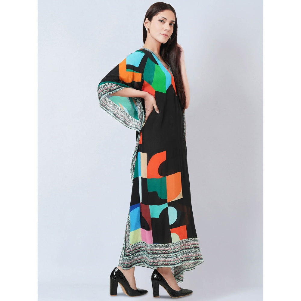 First Resort by Ramola Bachchan Black Graphic Art Print Flared Sleeves Kaftan Dress