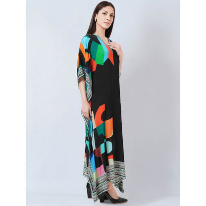 First Resort by Ramola Bachchan Black Graphic Art Print Flared Sleeves Kaftan Dress