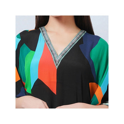 First Resort by Ramola Bachchan Black Graphic Art Print Flared Sleeves Kaftan Dress