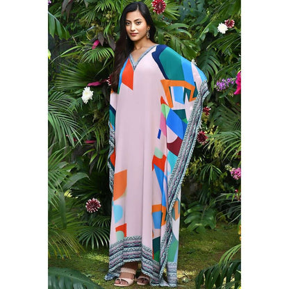 First Resort by Ramola Bachchan Peach Graphic Art Print Flared Sleeves Kaftan Dress
