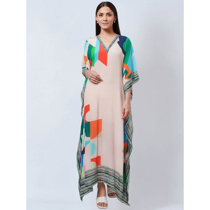 First Resort by Ramola Bachchan Peach Graphic Art Print Flared Sleeves Kaftan Dress
