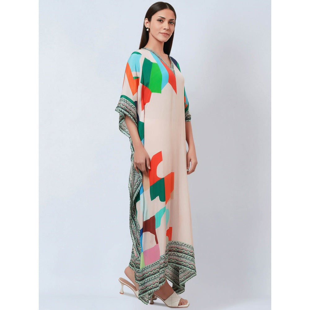 First Resort by Ramola Bachchan Peach Graphic Art Print Flared Sleeves Kaftan Dress