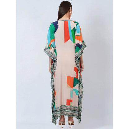 First Resort by Ramola Bachchan Peach Graphic Art Print Flared Sleeves Kaftan Dress