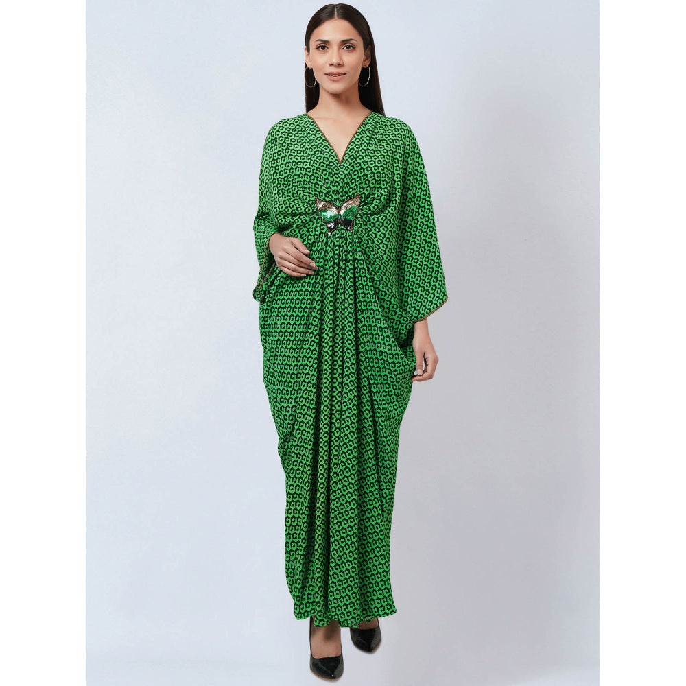 First Resort by Ramola Bachchan Fluorescent Green Silk Kaftan Dress with Butterfly Motif