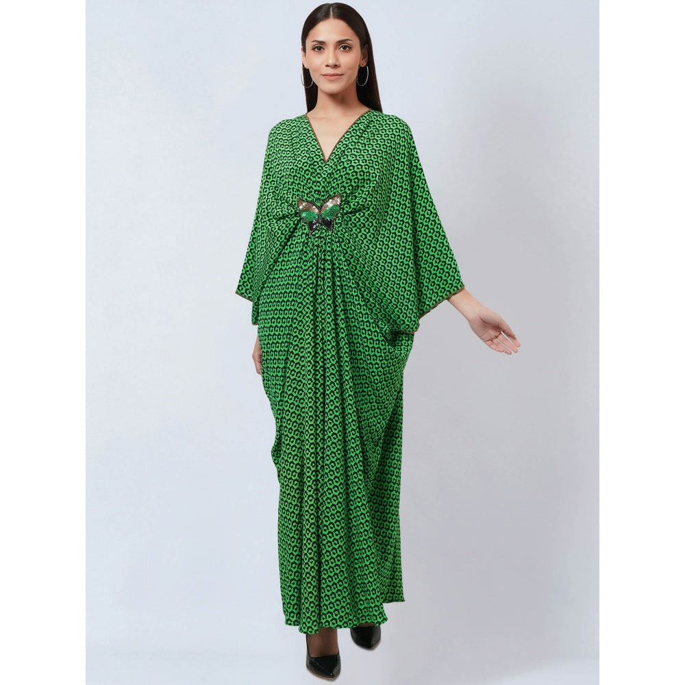 First Resort by Ramola Bachchan Fluorescent Green Silk Kaftan Dress with Butterfly Motif