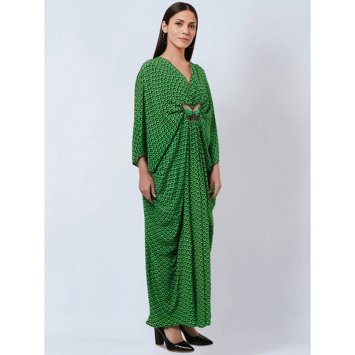 First Resort by Ramola Bachchan Fluorescent Green Silk Kaftan Dress with Butterfly Motif