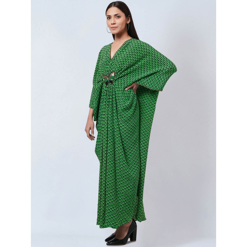 First Resort by Ramola Bachchan Fluorescent Green Silk Kaftan Dress with Butterfly Motif