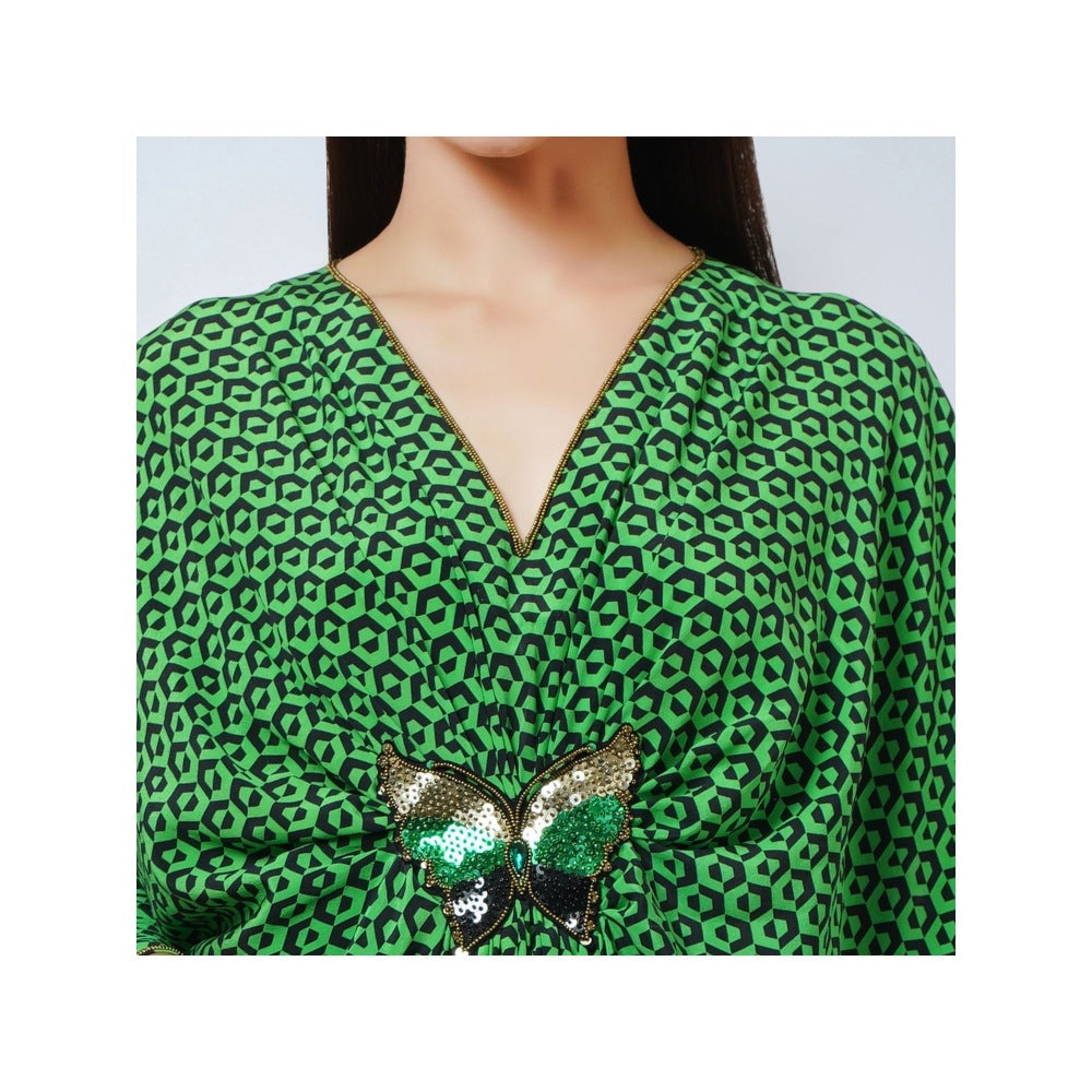 First Resort by Ramola Bachchan Fluorescent Green Silk Kaftan Dress with Butterfly Motif