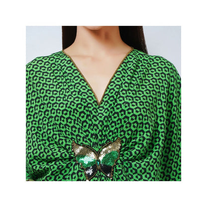 First Resort by Ramola Bachchan Fluorescent Green Silk Kaftan Dress with Butterfly Motif