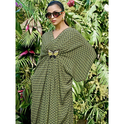 First Resort by Ramola Bachchan Fluorescent Yellow Silk Kaftan Dress with Butterfly Motif