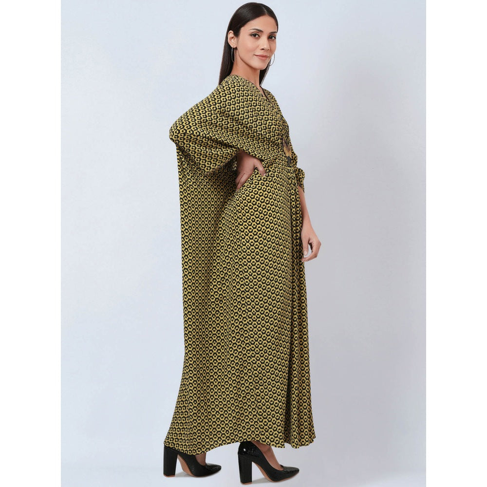 First Resort by Ramola Bachchan Fluorescent Yellow Silk Kaftan Dress with Butterfly Motif