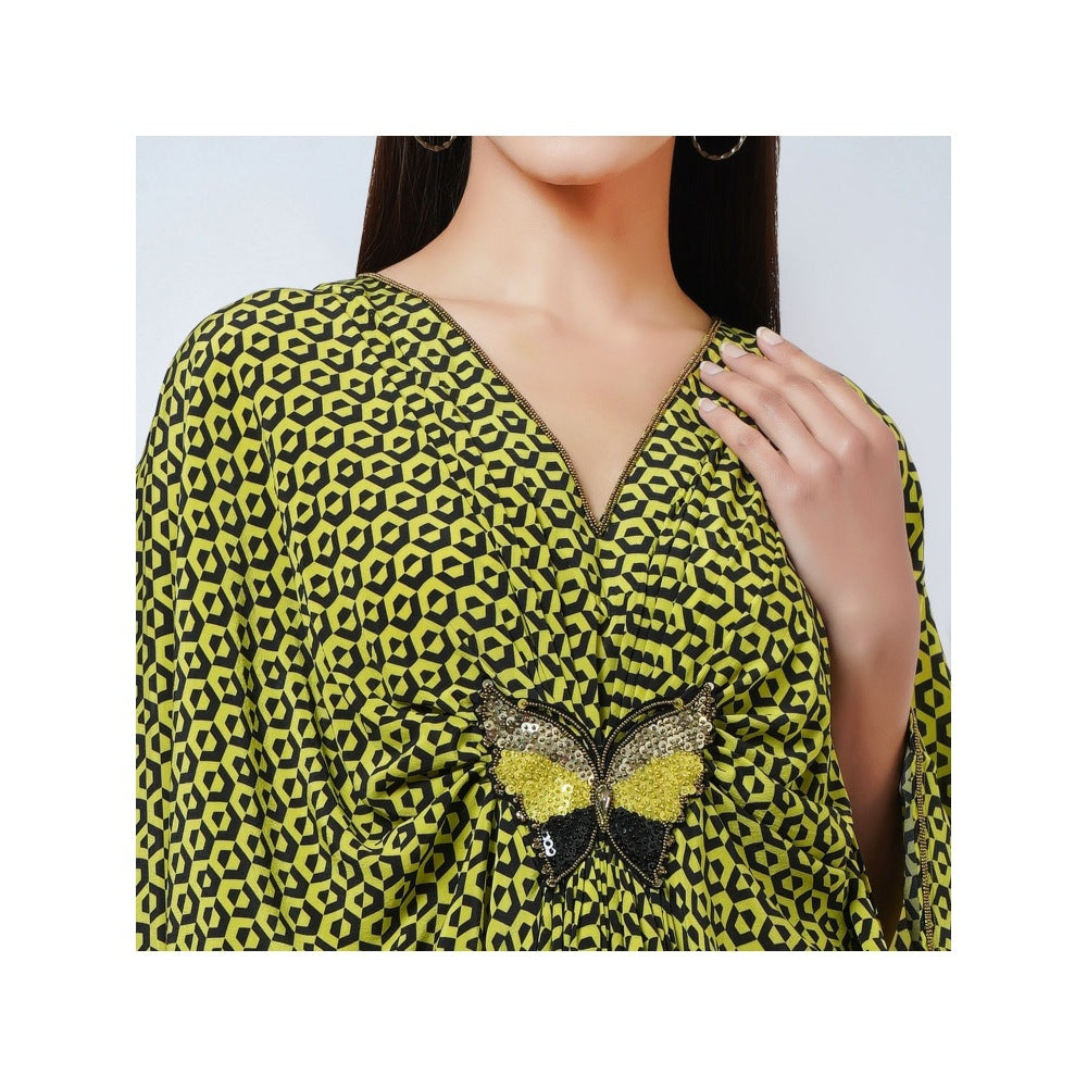 First Resort by Ramola Bachchan Fluorescent Yellow Silk Kaftan Dress with Butterfly Motif