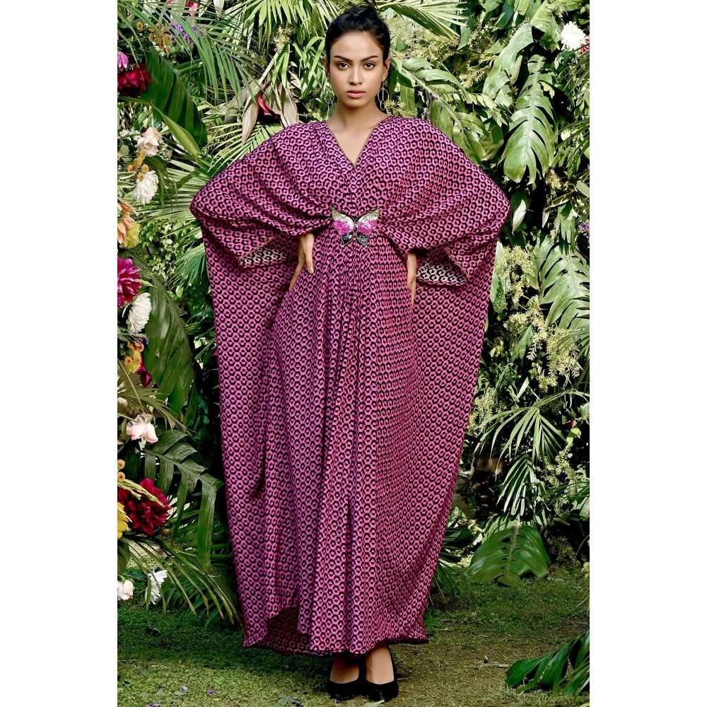 First Resort by Ramola Bachchan Magenta Honeycomb Kaftan Dress with Butterfly Motif