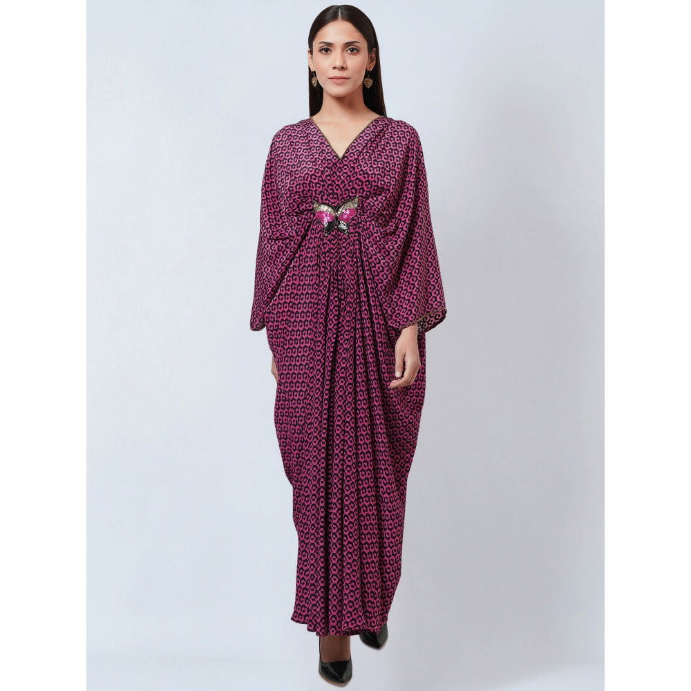 First Resort by Ramola Bachchan Magenta Honeycomb Kaftan Dress with Butterfly Motif