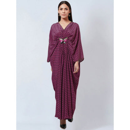 First Resort by Ramola Bachchan Magenta Honeycomb Kaftan Dress with Butterfly Motif
