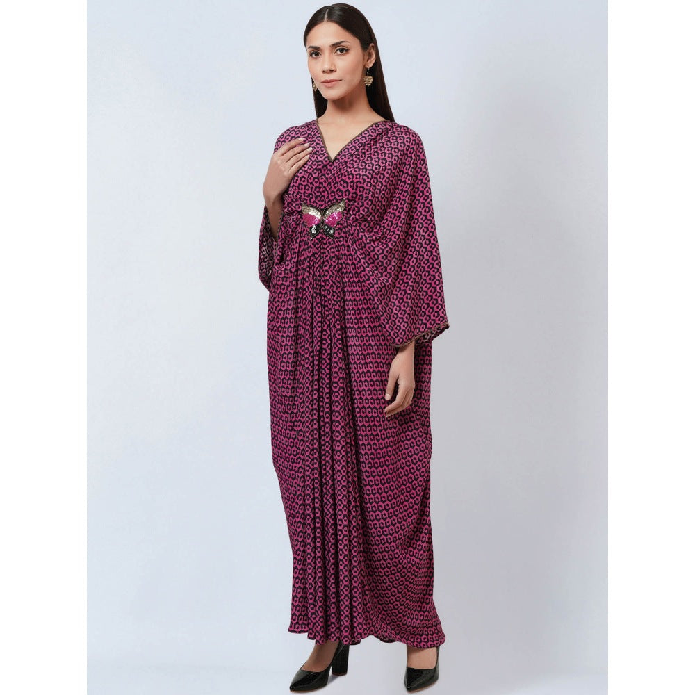 First Resort by Ramola Bachchan Magenta Honeycomb Kaftan Dress with Butterfly Motif