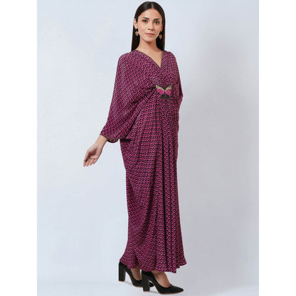 First Resort by Ramola Bachchan Magenta Honeycomb Kaftan Dress with Butterfly Motif