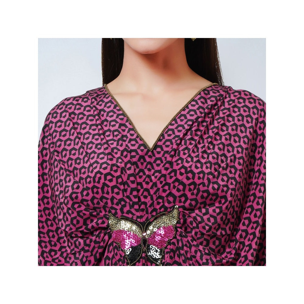 First Resort by Ramola Bachchan Magenta Honeycomb Kaftan Dress with Butterfly Motif